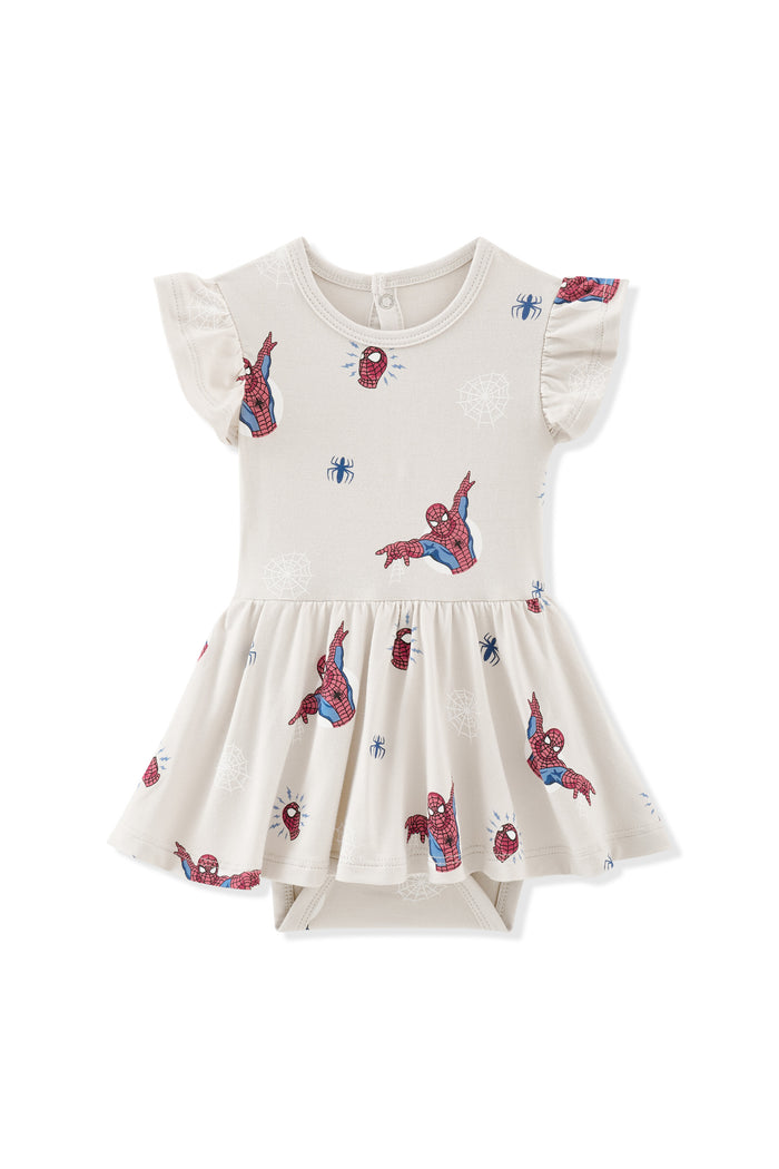 Oat Twirl Bodysuit Dress with Spider-Man print on a white background