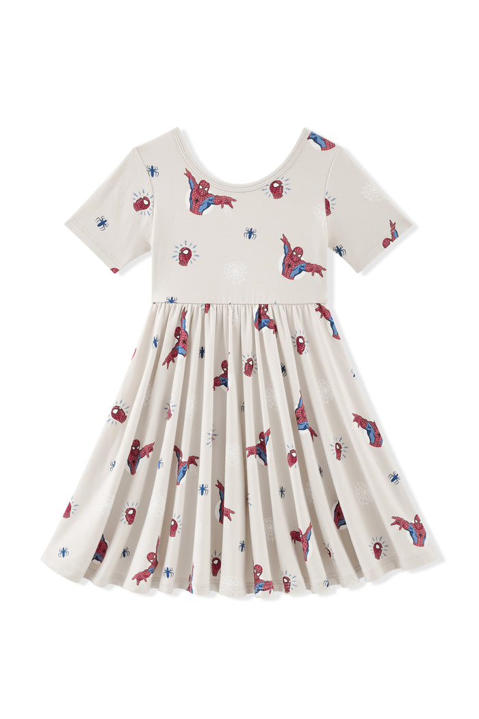 Oat Twirl Dress with Spider-Man print on a white background