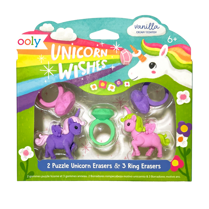 Packaging front of OOLY Unicorn Wishes Scented Puzzle Erasers
