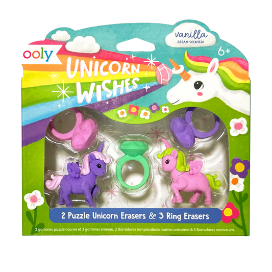Packaging front of OOLY Unicorn Wishes Scented Puzzle Erasers