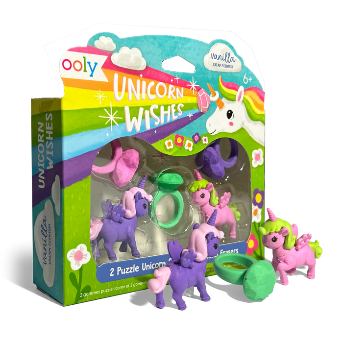Quarter angle of OOLY Unicorn Wishes Scented Puzzle Erasers in packaging