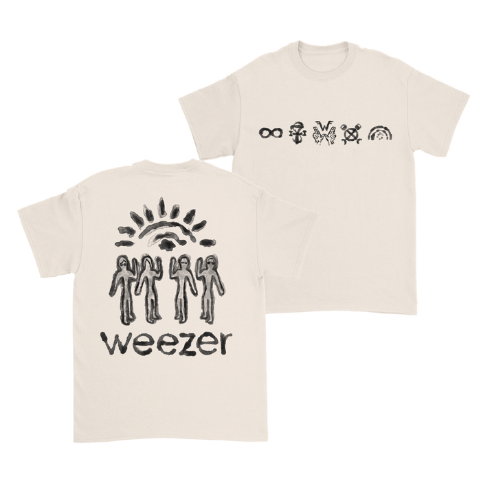 Cream-colored cotton unisex t-shirt featuring black glyph shirt graphics and bold weezer print called uniform wzr.t03 glyph shirt