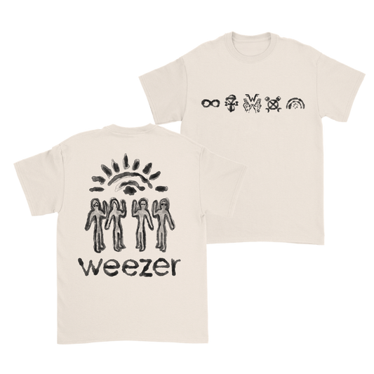 Cream-colored cotton unisex t-shirt featuring black glyph shirt graphics and bold weezer print called uniform wzr.t03 glyph shirt