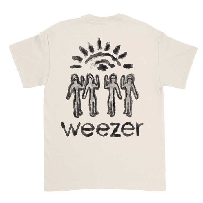 Cream-colored cotton unisex t-shirt with a black ink glyph shirt graphic and weezer text on the front