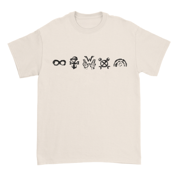 Cream-colored cotton unisex t-shirt featuring five black glyph graphics across the chest uniform wzr.t03 glyph shirt