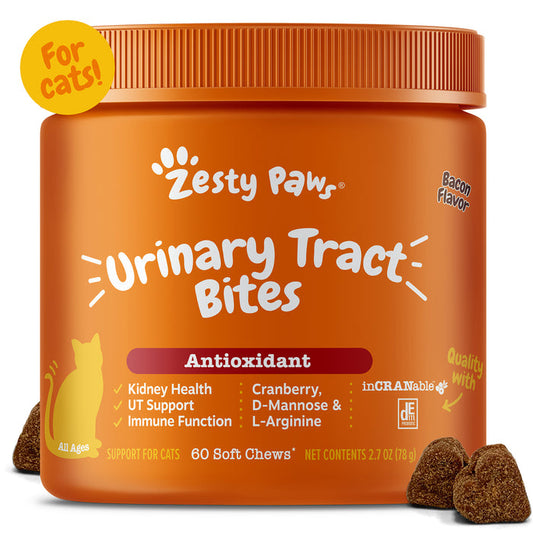 Orange jar of Zesty Paws Urinary Tract Bites for cats with ridged lid, yellow "For cats!" circle, and soft chew treats displa