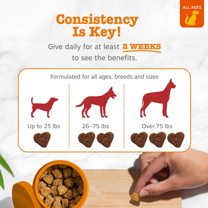 Dog urinary tract treats displayed with dosage guide showing portions for dogs up to 25 lbs, 26-75 lbs, and over 75 lbs.