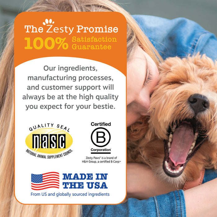 Golden-brown dog held by person in blue shirt with product information card displaying satisfaction guarantee and certificati
