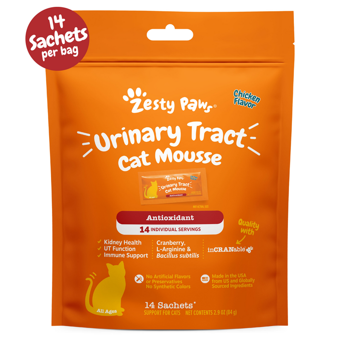 Orange Zesty Paw pouch of Urinary Tract Cat Mousse with 14 sachets, chicken flavor.