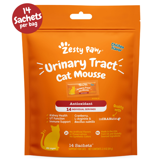 Orange Zesty Paw pouch of Urinary Tract Cat Mousse with 14 sachets, chicken flavor.