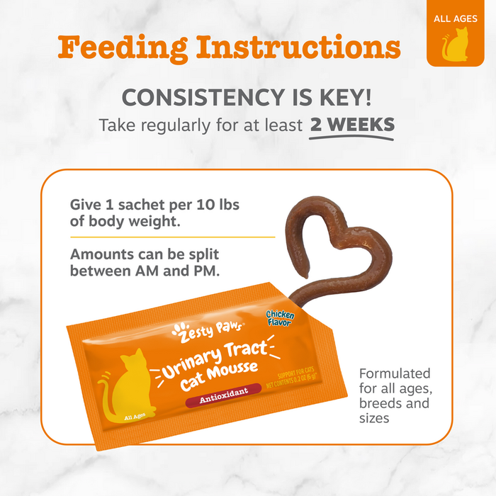 Orange sachets of Urinary Tract Cat Mousse with chicken flavor and feeding instructions displayed with heart-shaped mousse sa