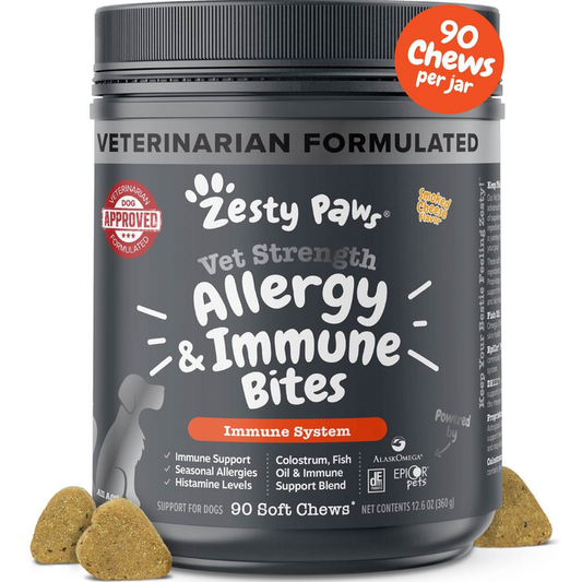 Dark gray jar of Zesty Paws Vet Strength Allergy & Immune Bites with orange label and three tan-colored soft chews displayed