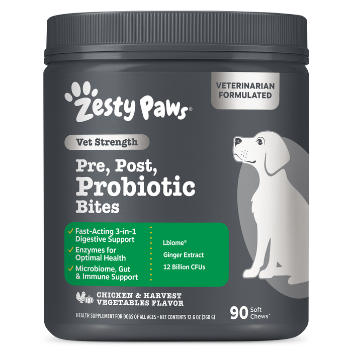 Dark gray jar of Zesty Paws Vet Strength Pre, Post, Probiotic Bites with white dog illustration and green label highlighting