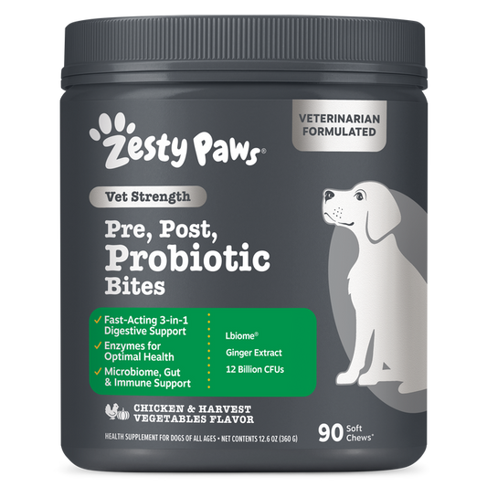 Dark gray jar of Zesty Paws Vet Strength Pre, Post, Probiotic Bites with white dog illustration and green label highlighting