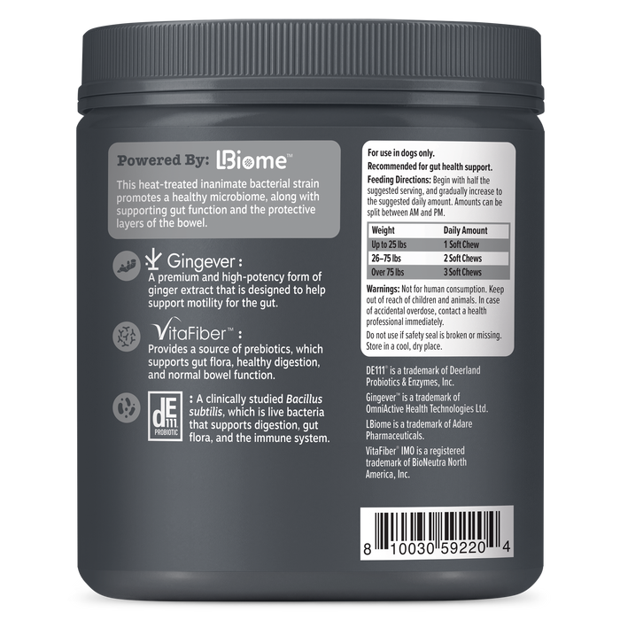 Back view of a dark gray Biome supplement jar with a black lid, showing product details, ingredients, usage directions, and a barcode on a white background.