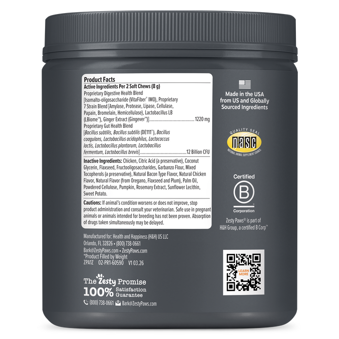 Back view of a black plastic jar of Betsy Rose Pet Health Blend with detailed product facts, certifications, and a QR code on a white background.