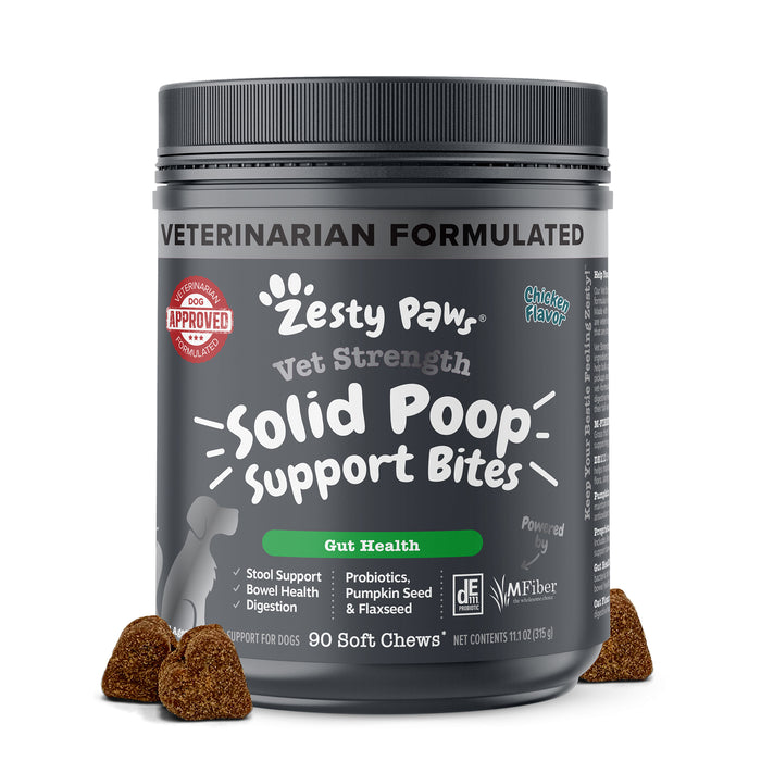 Gray container of Zesty Paws Vet Strength Solid Poop Support Bites with brown soft chews displayed in front.