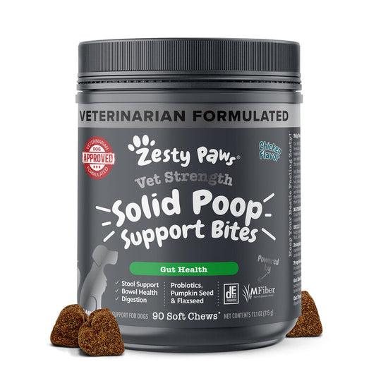 Gray container of Zesty Paws Vet Strength Solid Poop Support Bites with brown soft chews displayed in front.