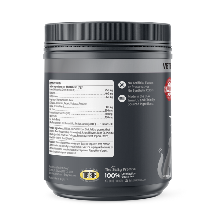 Black container with gray label displaying product facts, ingredients, and "The Zesty Promise" satisfaction guarantee seal.