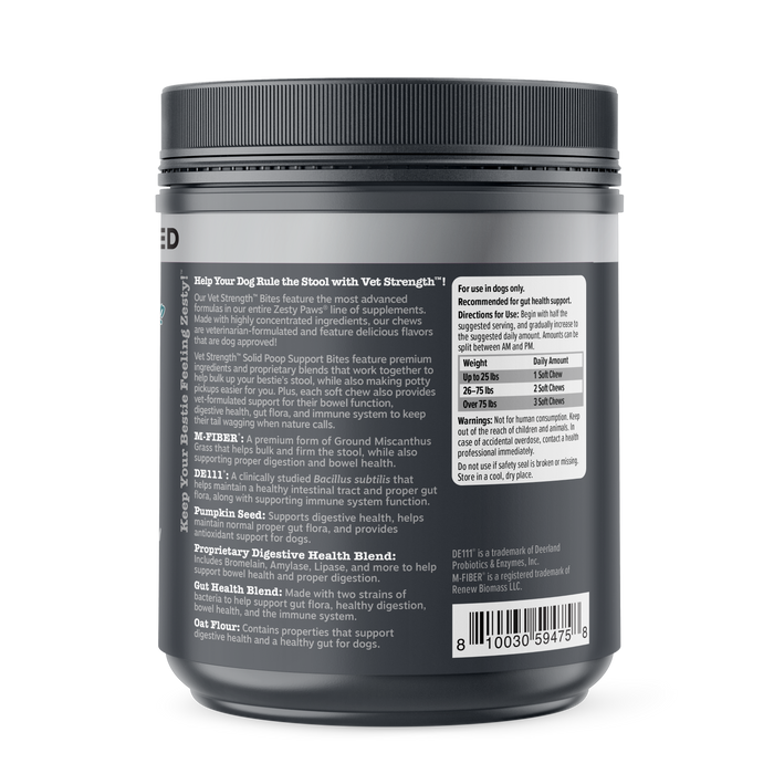 Black cylindrical container with gray label containing dog digestive health supplement bites, with ingredient information and