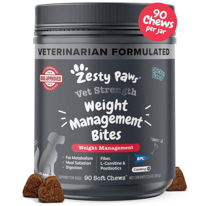 Gray jar of Zesty Paws Vet Strength Weight Management Bites for dogs with three brown soft chews displayed in front.