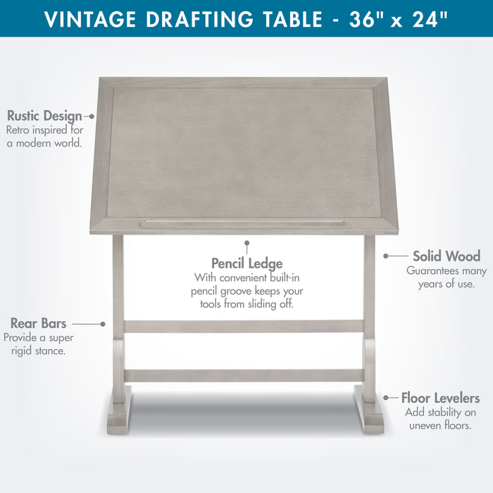 Vintage Solid Wood Drawing/Drafting Table with 36" x 24" Angle Adjustable Top, Coastal Whitewash 13347