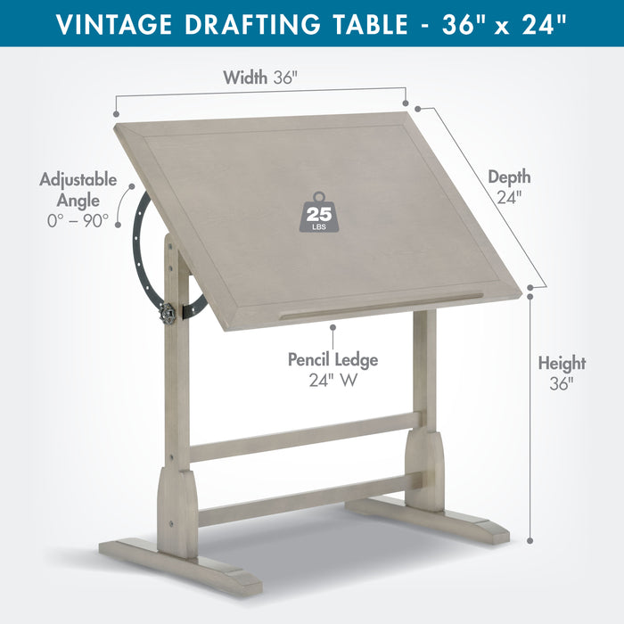 Vintage Solid Wood Drawing/Drafting Table with 36" x 24" Angle Adjustable Top, Coastal Whitewash 13347