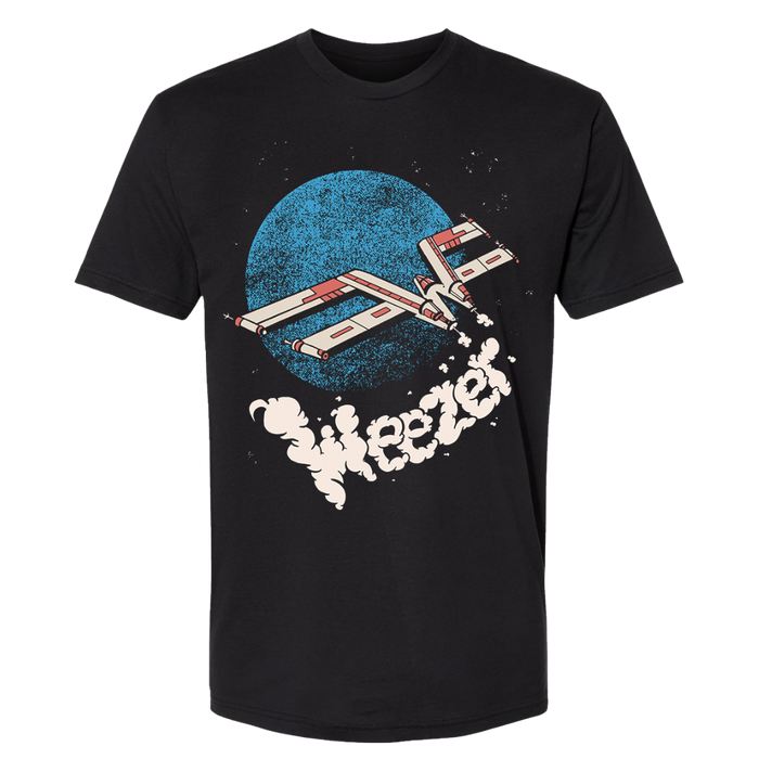 Black cotton voyage ship tee featuring a white and red x-wing fighter flying past a blue planet with wheeler lettering