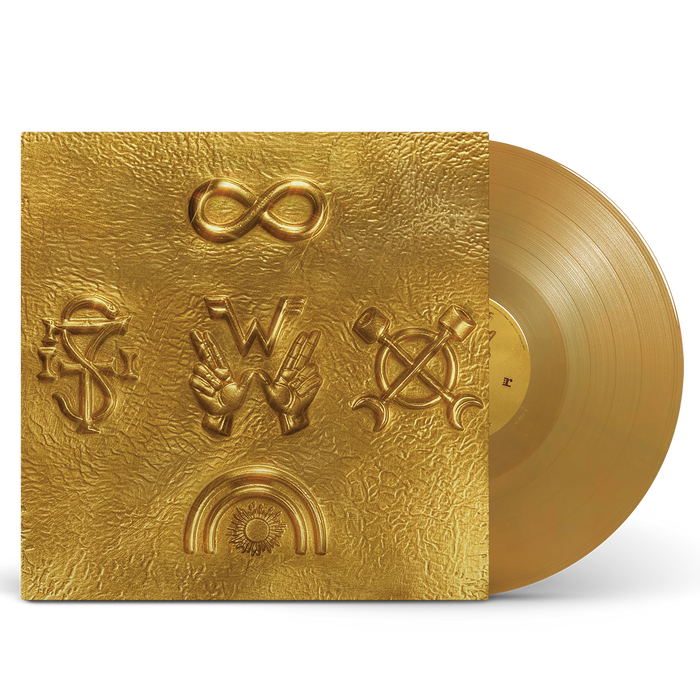 Weezer artifact wzr.001 yellow gold vinyl record with embossed symbols on gold vinyl including infinity and peace signs