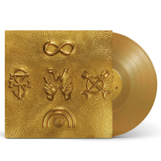 Weezer artifact wzr.001 yellow gold vinyl record with embossed symbols on gold vinyl including infinity and peace signs