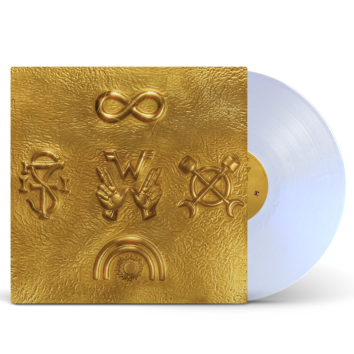 Weezer artifact wzr.002 gold vinyl featuring a gold textured disc with embossed symbols and a white gold translucent disc