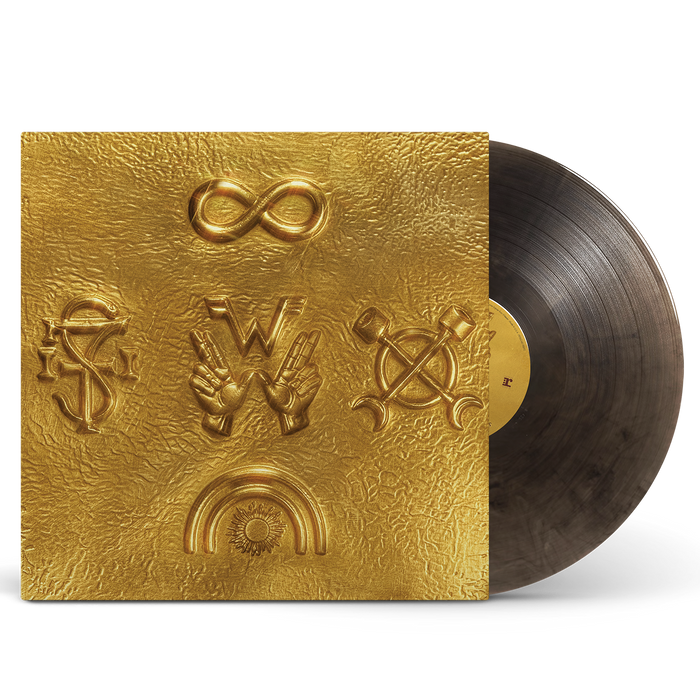 Golden textured vinyl record with embossed symbols and matching gold vinyl sleeve for weezer artifact wzr.004 black gold vinyl signed edition