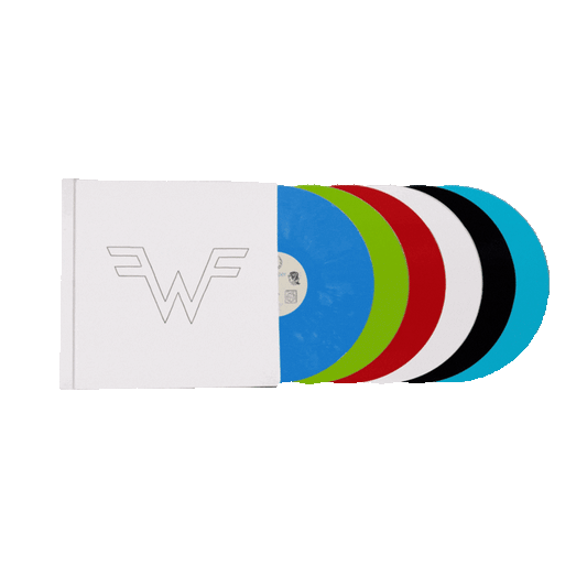 A vibrant multi-colored vinyl record set featuring blue, green, red, white, black, and cyan discs nestled in a minimalist white sleeve with a stylized ’w’ logo.