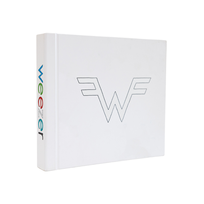 White wonder woman album cover with a minimalist black outline of the iconic ’w’ logo and colorful vertical lettering on the spine.