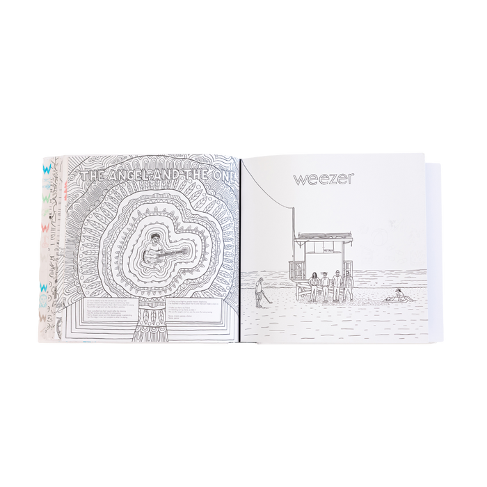 The angel and the one album cover by weezer, featuring intricate black-and-white line art with a mandala-like design surrounding a central figure playing guitar.