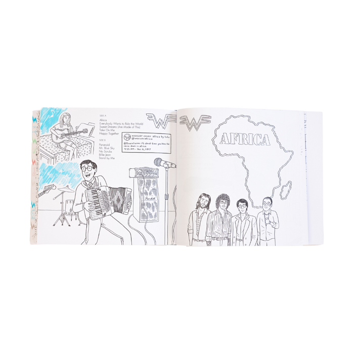 Open sketchbook featuring hand-drawn illustrations in black ink with blue watercolor accents, including a musician playing an accordion and a group of people standing beside a map outline labeled ’africa.’