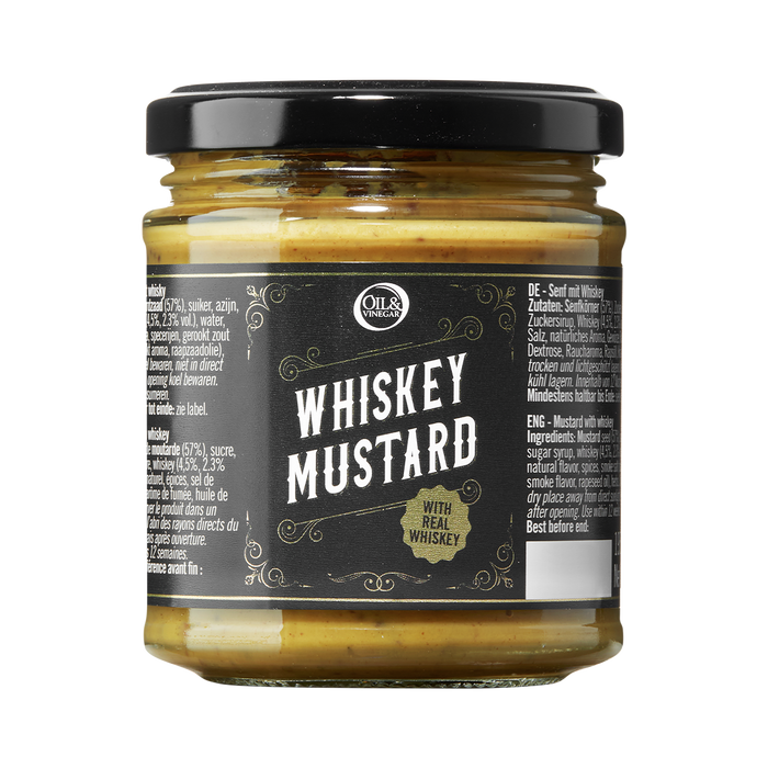 A jar of whiskey mustard with a label that reads 'WHISKEY MUSTARD' and indicates the product is made with real whiskey.