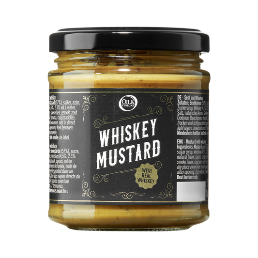 A jar of whiskey mustard with a label that reads 'WHISKEY MUSTARD' and indicates the product is made with real whiskey.