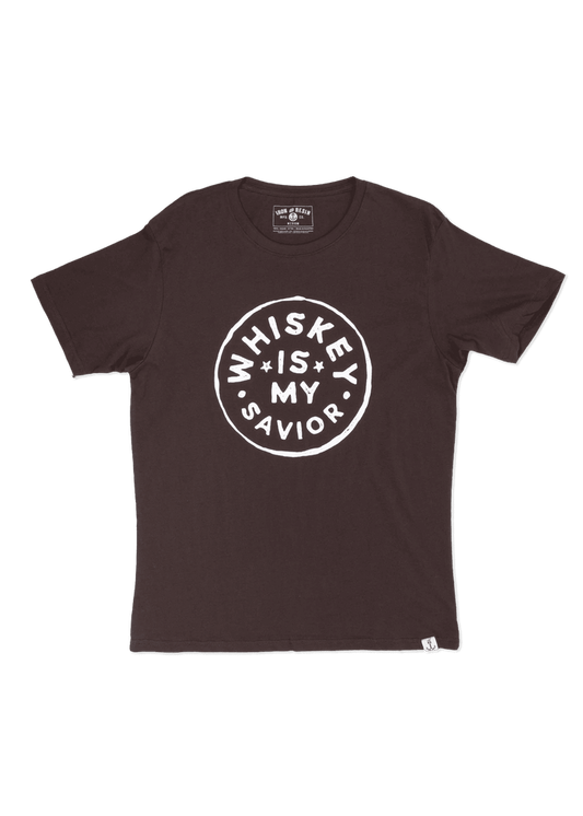 Brown T-shirt with "Whiskey is My Savior" in bold white letters inside a circle, conveying a playful message.