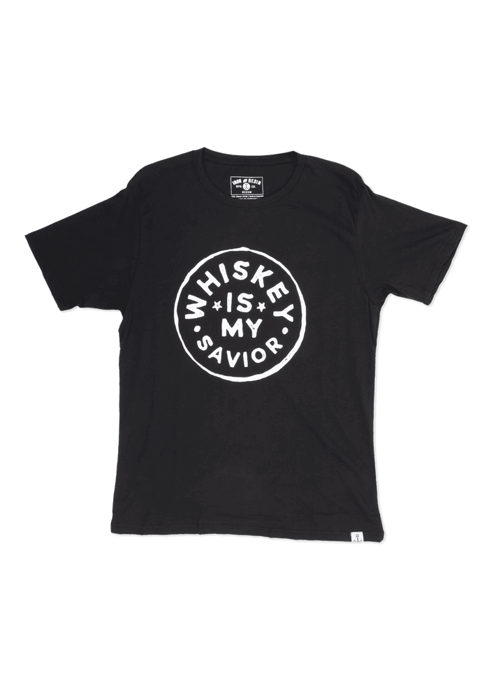 Black T-shirt with bold white text reading "Whiskey is My Savior" in a circular design, conveying a casual, playful message.
