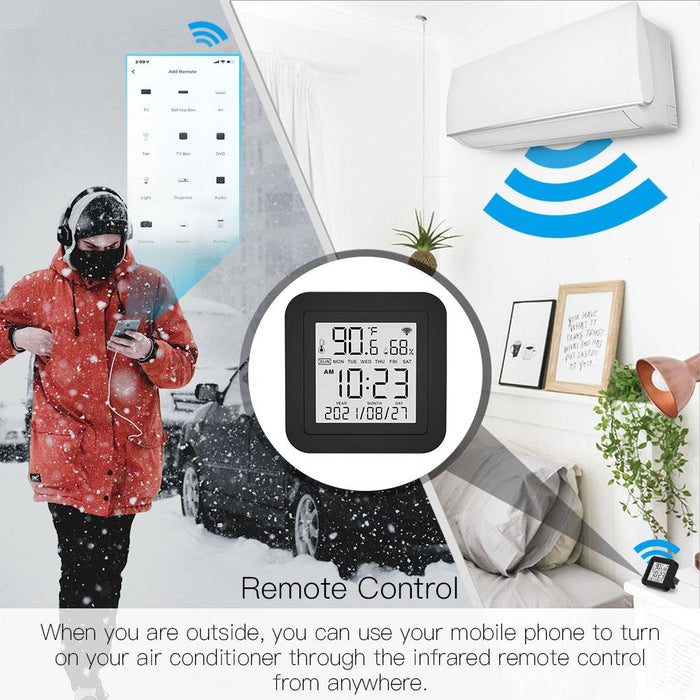 When you are outside, you can use your mobile phone to turn on your air conditioner through the infrared remote control from anwwhere. - Moes
