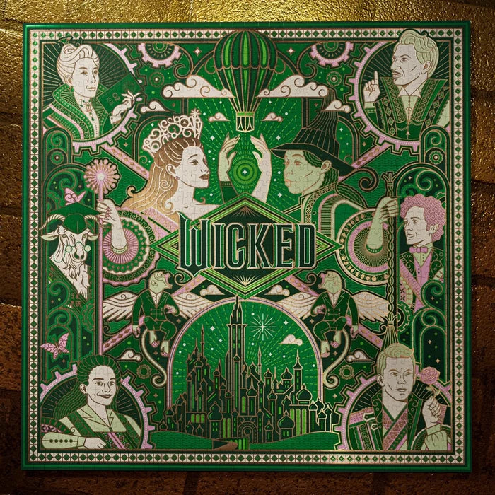 Decorative puzzle for 'Wicked' with intricate designs on a brick wall background