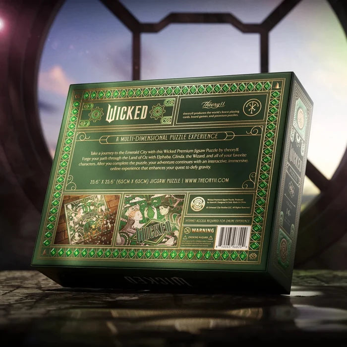 Green puzzle box with 'Wicked' branding against a dark, abstract background