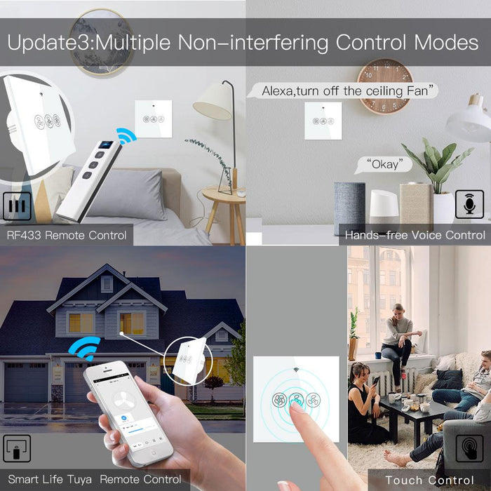 WiFi RF433 Smart Ceiling Fan Switch Smart Life/Tuya App Compatible with Alexa Google HomeEU White - Moes