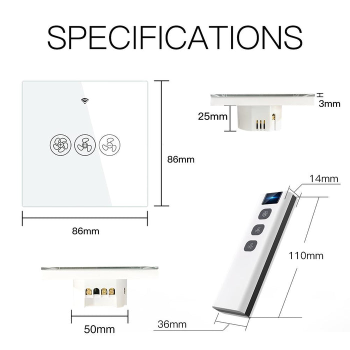 WiFi RF433 Smart Ceiling Fan Switch Smart Life/Tuya App Compatible with Alexa Google HomeEU White - Moes