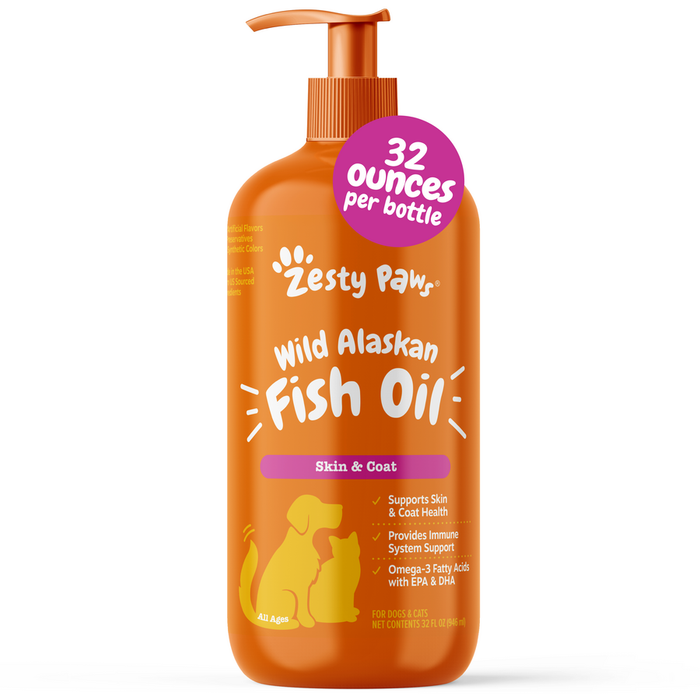 Orange pump bottle of Zesty Paw Wild Alaskan Fish Oil for dogs and cats, 32 ounces, with purple label and paw print logo.