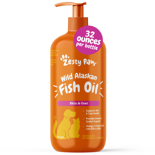 Orange pump bottle of Zesty Paw Wild Alaskan Fish Oil for dogs and cats, 32 ounces, with purple label and paw print logo.