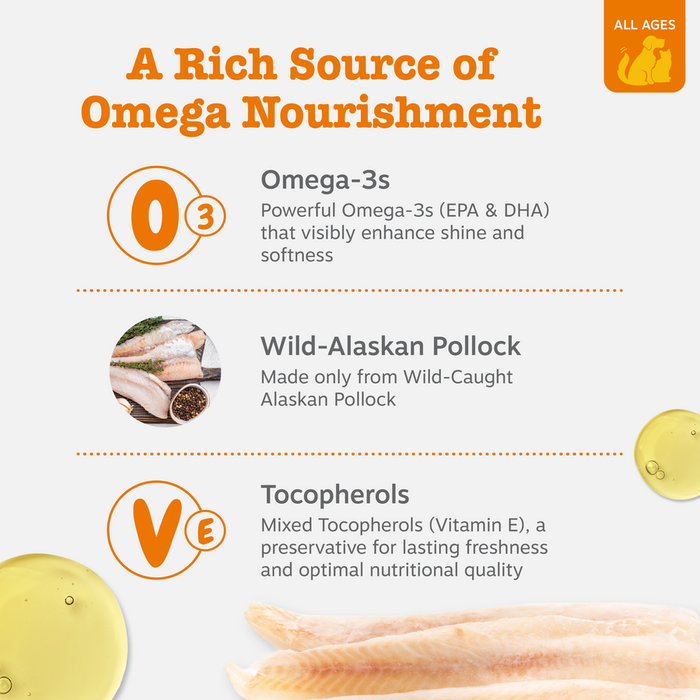 Wild-caught Alaskan pollock fish oil supplement with omega-3s and vitamin E for dogs and cats of all ages.