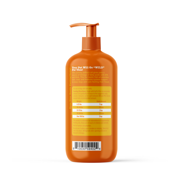 Orange bottle with pump dispenser containing fish oil supplement with dosage chart label on back.