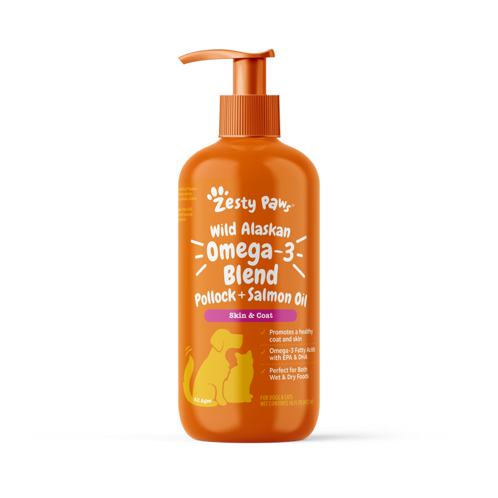 Orange pump bottle of Zesty Paws Wild Alaskan Omega-3 Blend Pollock and Salmon Oil with product label and dog silhouette grap